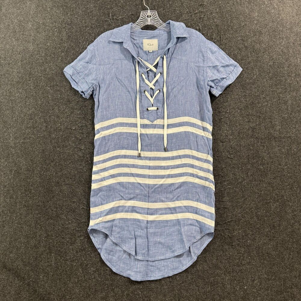 Rails Rocky Dress Women's XS Blue Chambray Striped Lace Up Linen Blend